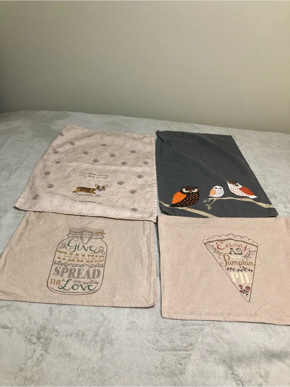 Kitchen Linens Set - Owl & Autumn Designs in Beige, Black, Orange Bundle Of 4